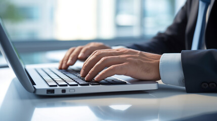 close up of typing hands on a laptop keyboard, businessman typing on computer, made with Generative AI