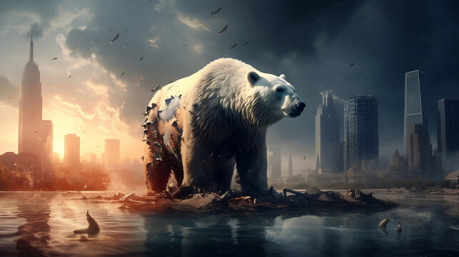 A polar bear with burns and peeling skin sanding on a small pile of rock and rubble, surrounded by water, rising sea levels, deserted city, climate change awareness, Made with Generative AI