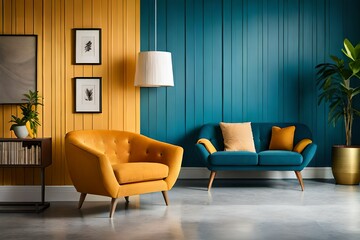 Orange loveseat sofa and barrel chair against of blue yellow wall, Generative Ai