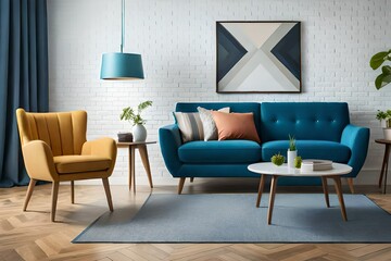 Orange loveseat sofa and barrel chair against of blue yellow wall, Generative Ai