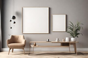 Minimalist living room with beige leather armchair, wooden coffee table, white wall art, and natural light.
