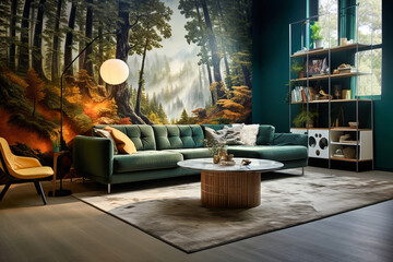 A living room featuring a sofa, rug, and marble coffee table, complemented by a forest mural, exuding a cozy and whimsical vibe.