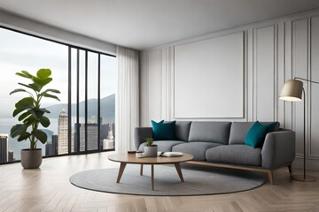 Round wooden coffee table near sofa and armchair against window and wall with blank mockup poster frame, Generative Ai