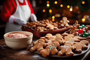 Photo sur Plexiglas Pain christmas gingerbread cookies process of baking and decorating gingerbread men