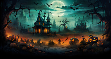 Obraz na płótnie Canvas halloween background with pumpkin and bats and castle Generative ai