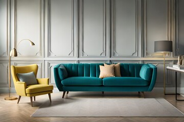 Teal sofa and yellow accent chair. Retro interior design of living room, Generative Ai