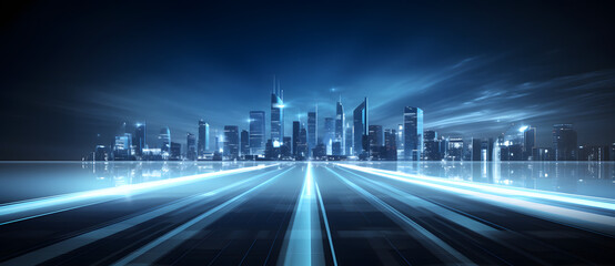 Fototapeta na wymiar blue image of city skyline with street lights on the road