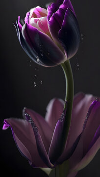 Photo of a purple tulip flower with a black background, Generative AI