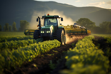 Fototapeta premium farmer in farmland, workers in the field, agriculture environment and green field, combine harvester