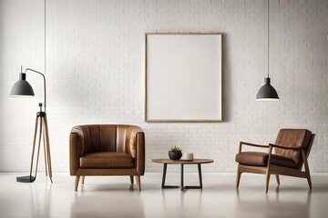 Two armchairs in room with white wall and big frame poster on it, Generative Ai