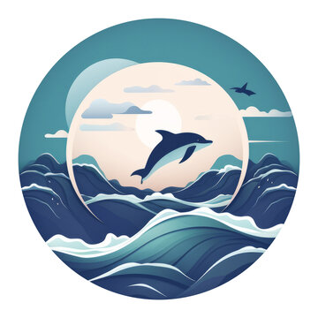Abstract wavy lines ocean logo with waves, whale and seagulls in circle pattern logo. Icon sea waves symbol in simple flat style illustration.