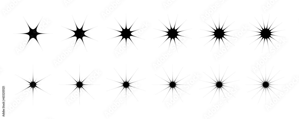 Poster black stars and twinkles set. retro bling collection. abstract simple starburst shine effect pack. d