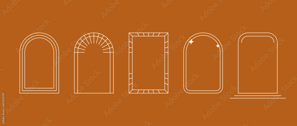 Poster boho style linear arch frame collection. bohemian decorative ornamental border set for badge, logo, 