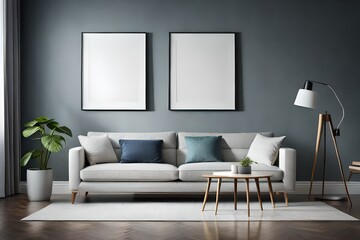 White sofa and posters, frames on gray wall. Interior design of modern living room, Generative Ai