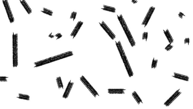Short black brush strokes flicker across the screen