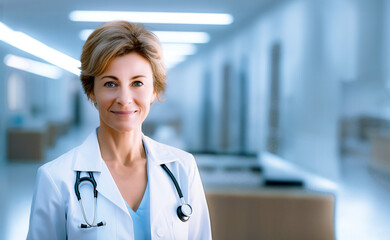 Portrait of female doctor with stethoscope uniform at Hospital - Healthcare concept and medical background.