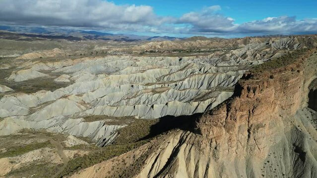 Badlands in Tabernas Desert, Almeria, Andalusia, Spain - Cinematic Aerial
