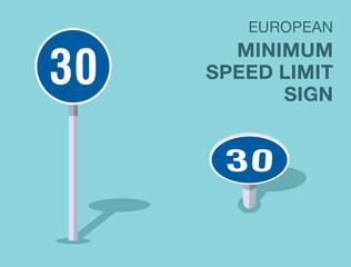 Traffic regulation rules. Isolated european minimum speed limit sign. Front and top view. Flat vector illustration template. - obrazy, fototapety, plakaty