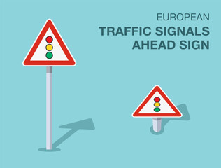 Traffic regulation rules. Isolated european traffic signals ahead sign. Front and top view. Flat vector illustration template.