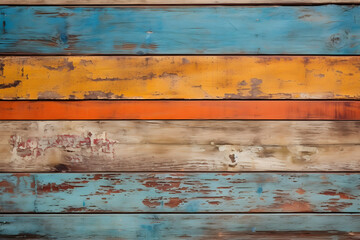 Texture of wood boards with cracked aging paint blue, orange, and white color. Horizontal background with wooden planks of different colors. 