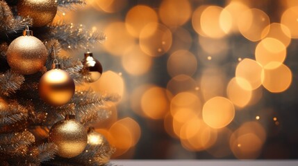 Christmas Tree With gold Baubles close-up against backdrop of golden sparkling Christmas lights. Generative AI