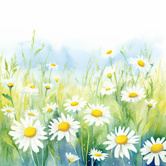 Camomile daisy watercolor background, invitation, greeting card with field flowers and field daisies. Hand drawn floral illustration.