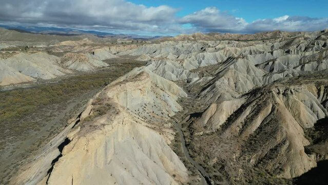 Badlands and Cinimatic Landscape in Tabernas Desert, Almeria, Andalusia, Spain - Aerial
