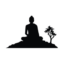 buddha statue on mountain silhouette with little tree, vector isolated