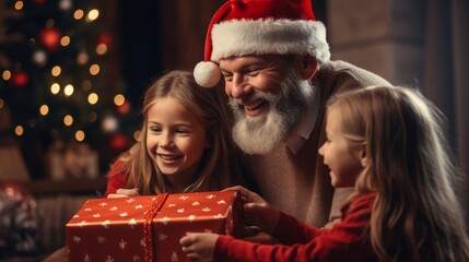 Fototapeta na wymiar Photo of a man and two little girls excitedly opening a Christmas present together created with Generative AI technology