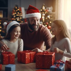 Obraz na płótnie Canvas Photo of a man sitting on a couch with two little girls on Christmas Day - created with Generative AI technology