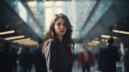 Fototapeta premium Business portrait, confident young caucasian woman in a suit standing in corridor and looking away, bokeh hurrying people in background