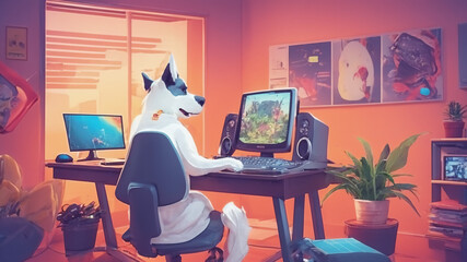 dog gaming in the room