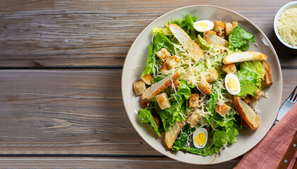 Fresh healthy caesar salad on wooden table. Top view with copy space