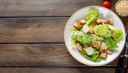 Fresh healthy caesar salad on wooden table. Top view with copy space
