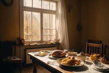 Thanksgiving dinner with turkey, food and drink on dining table.