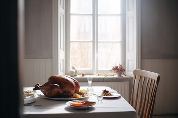 Thanksgiving dinner with turkey, food and drink on dining table.