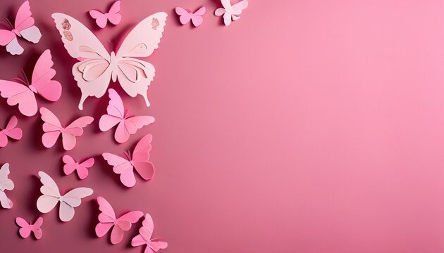 Festive pink background with paper butterflies