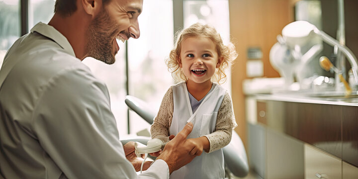 back side dentist holding a equipment and Children's dentistry and hand doctor. Live funny photo of a child who laughs at the dentist's appointment and looks away. generative ai