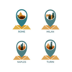 Italy cities icons set, modern skyline cityscape logo set, pack. Collection of icons for Rome, Naples, Turin, Milan landmark