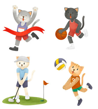 set of cute cat doing sports. such as run , basketball, goft, volleyball