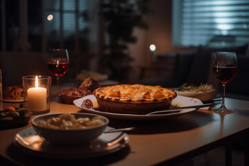 Delicious baked meal on a restaurant table with wine glass
