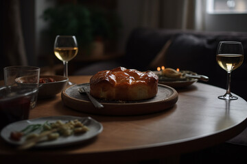 Delicious baked meal on a restaurant table with wine glass
