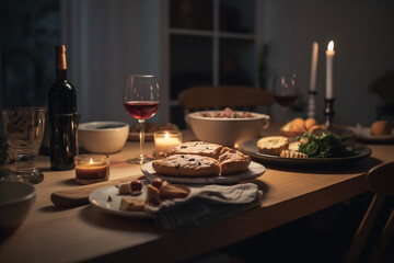 Delicious baked meal on a restaurant table with wine glass