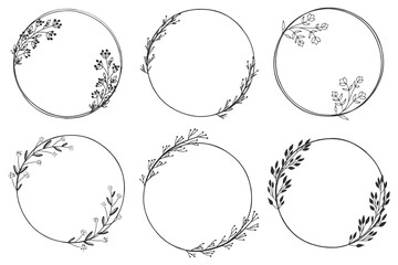 Hand drawn set of cicle floral frame. Border for banner, wedding, greeting card design. Sketch style vector illustration.