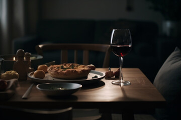 Delicious baked meal on a restaurant table with wine glass
