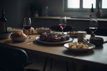 Delicious baked meal on a restaurant table with wine glass