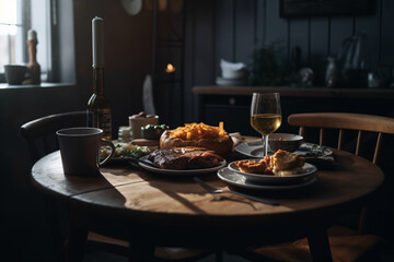 Delicious baked meal on a restaurant table with wine glass