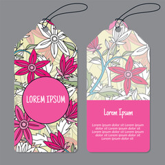 Vector flowers and leaves vertical round frame pattern tags set. Vertical stripe frame patterns.  Vector illustration.