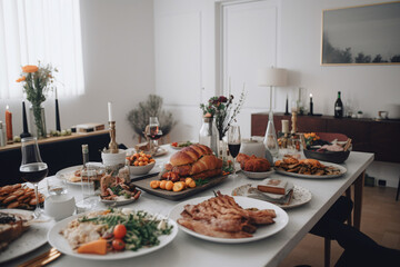 Delicious baked meal on a restaurant table with wine glass