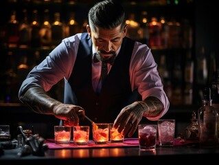 bartender pouring beer and cocktail, 